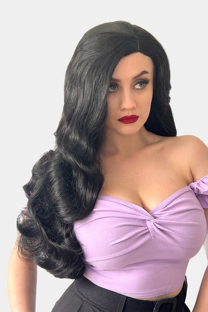 Long black pinup style wig with vintage hollywood waves: Veronica