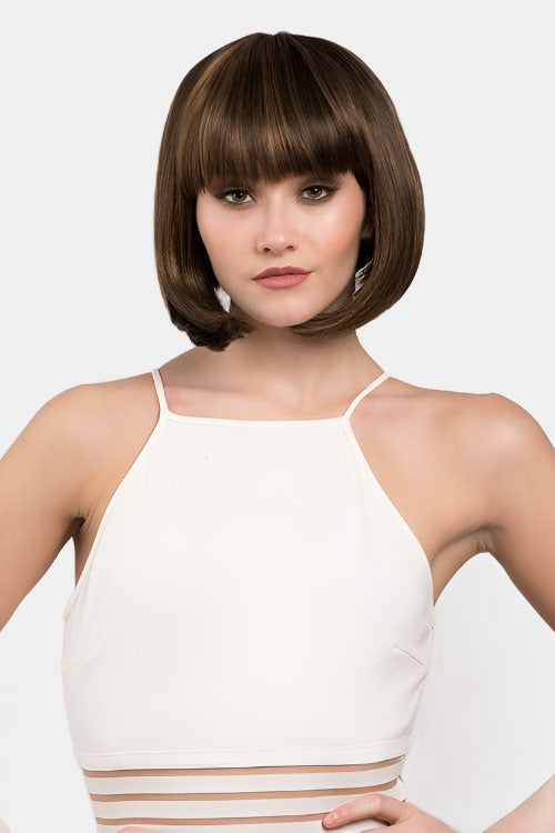 Chocolate brown inverted bob wig with blonde highlights: Keira
