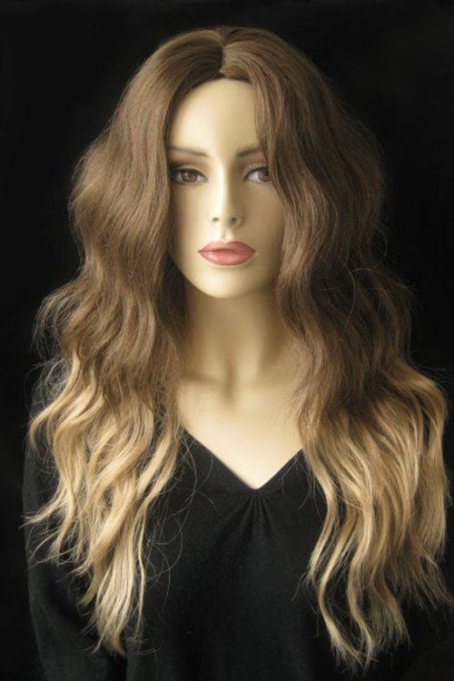Dip dye chocolate brown and honey blonde wig long wavy wig with no fringe: Genevieve AnnabellesWigs