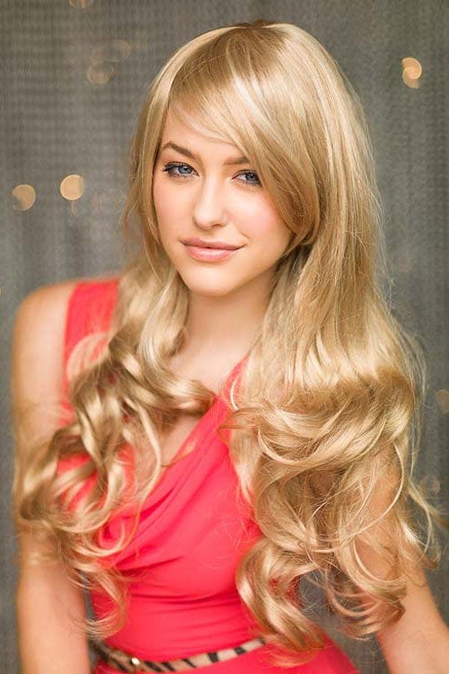 Blonde wig with big loose curls and sweeping fringe, extra long: Eva