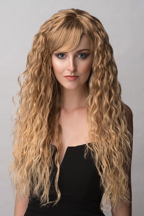 Long brown crimped wig, brown and blonde dip dye (ombre): Tiggy AnnabellesWigs