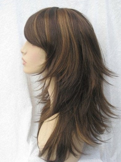 Brown wig with blonde highlights, long, layered, tip flip: Elle freeshipping - AnnabellesWigs