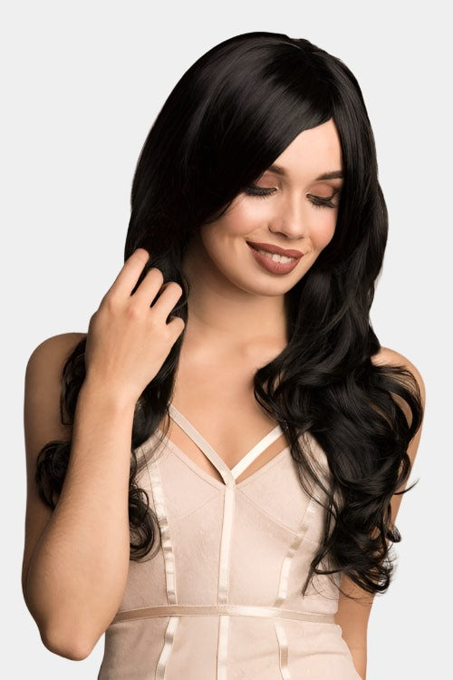 Long Wavy Black Wig With Side Sweeping Fringe: Charlotte freeshipping - AnnabellesWigs