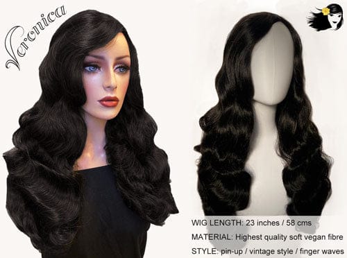 AnnabellesWigs synthetic wig Long black pinup style wig with vintage hollywood waves: Veronica