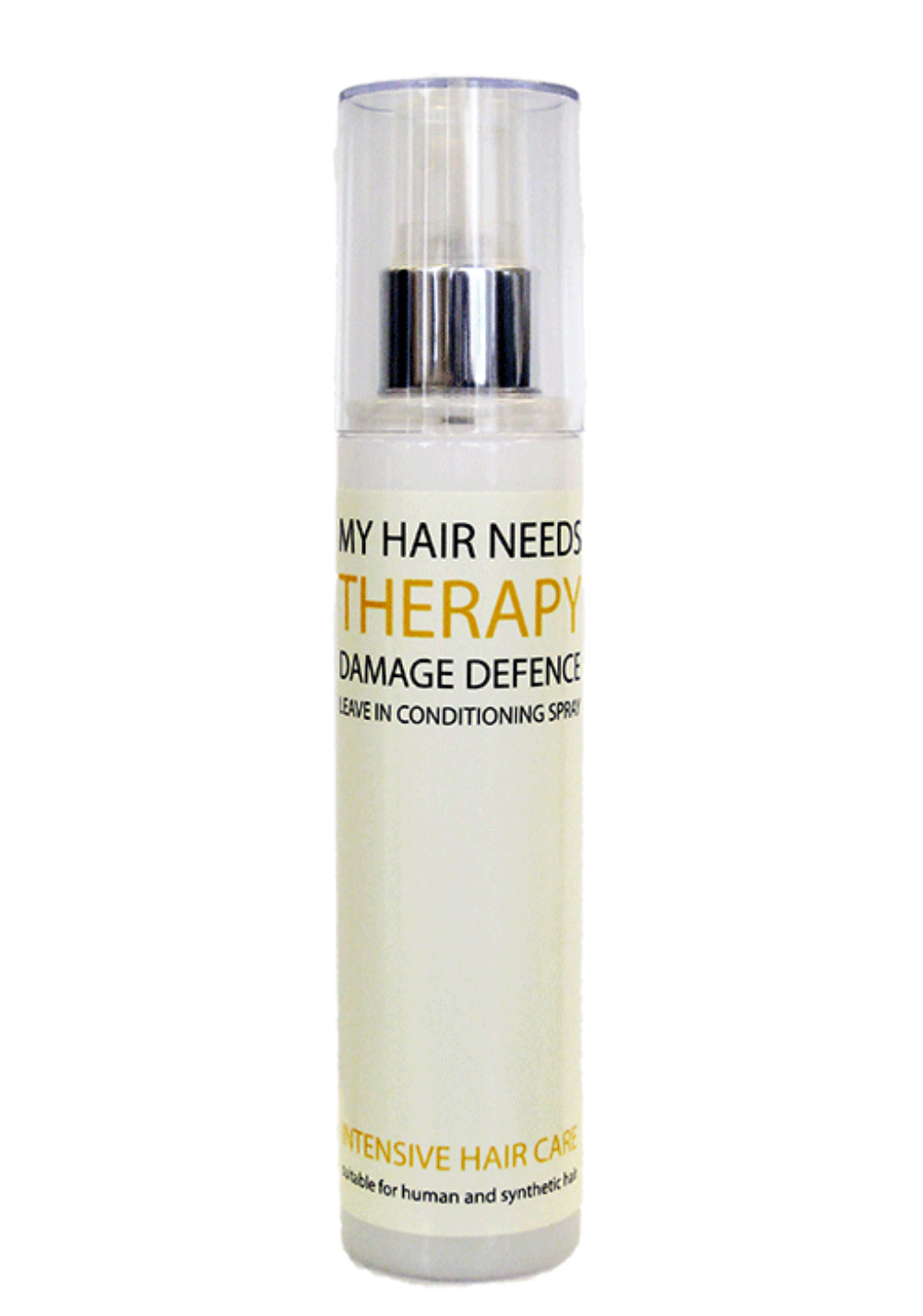 A bottle of 'My Hair Needs Therapy' Argan Oil Conditioning Spray, designed for synthetic hair care. The bottle is white with silver and gold accents, and the label is primarily white with some yellow and black text.