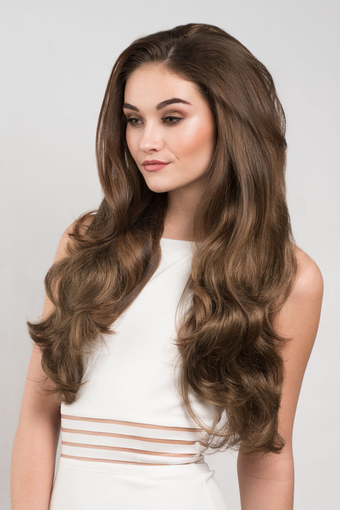 Brown half wig hairpiece with long loose curls: Chelsea