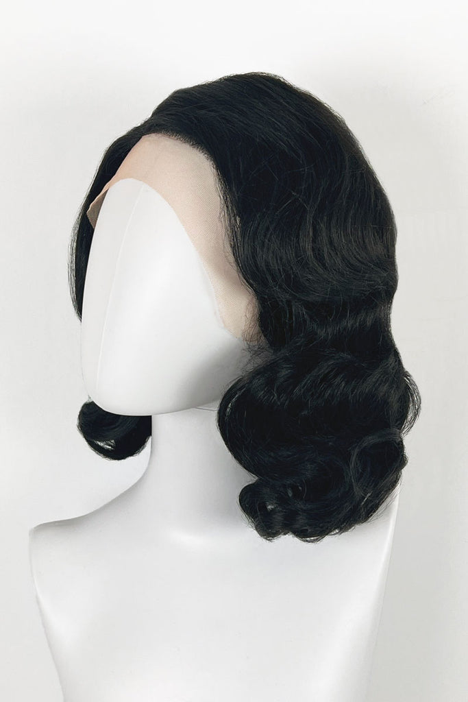 Black lacefront wig, pinup/vintage style, mid length with finger waves: Etta