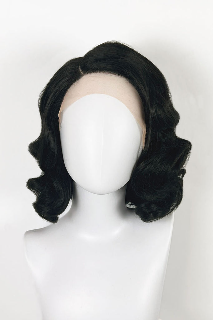 Black lacefront wig, pinup/vintage style, mid length with finger waves: Etta