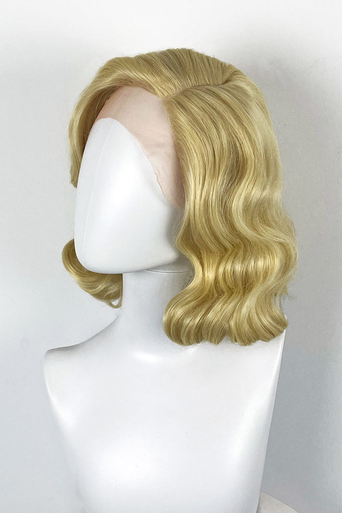 Blonde lacefront wig, pinup/vintage style, mid length with finger waves: Della