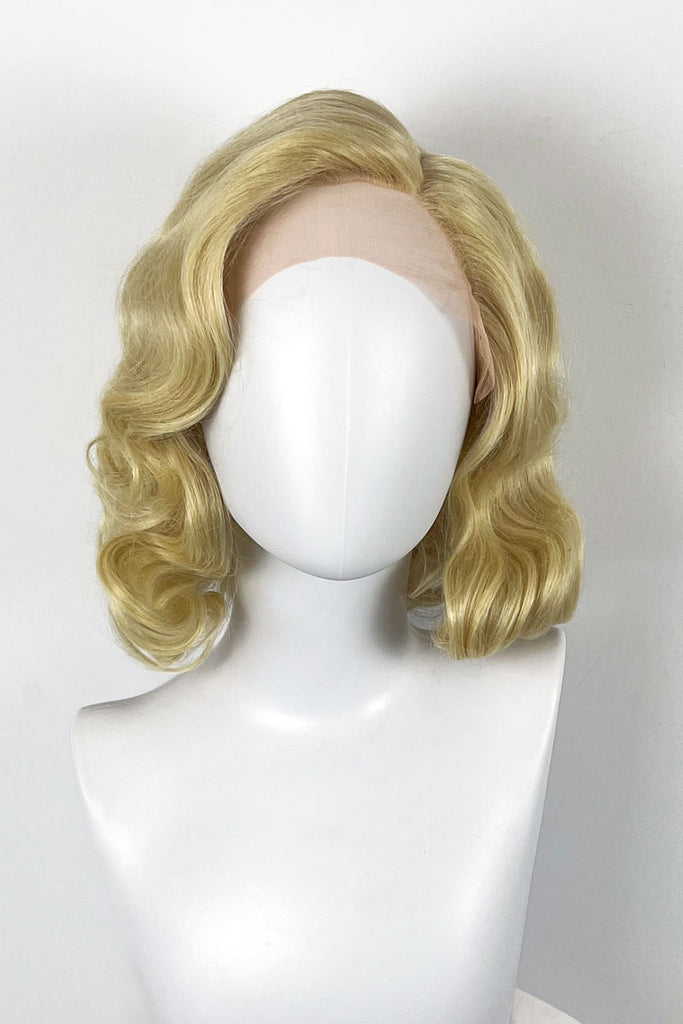 Blonde lacefront wig, pinup/vintage style, mid length with finger waves: Della