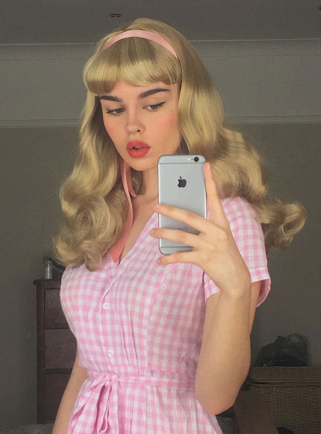 Long blonde 1950's style wig, gently wavy with short fringe: Emmeline