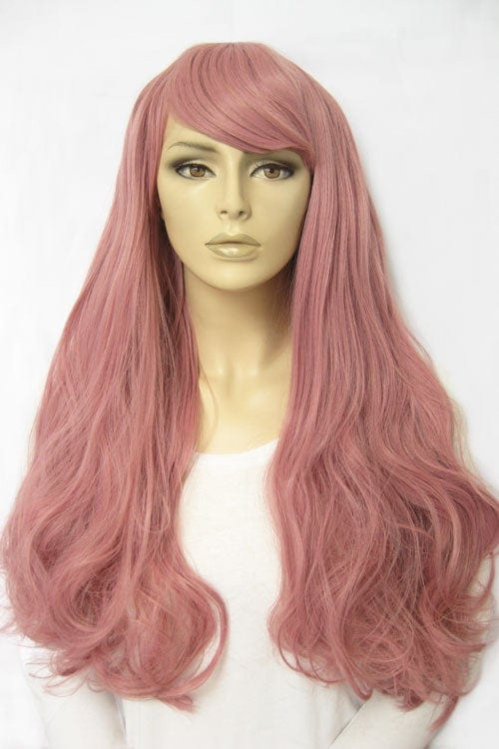 Long wavy pink wig with sweeping fringe: Millicent