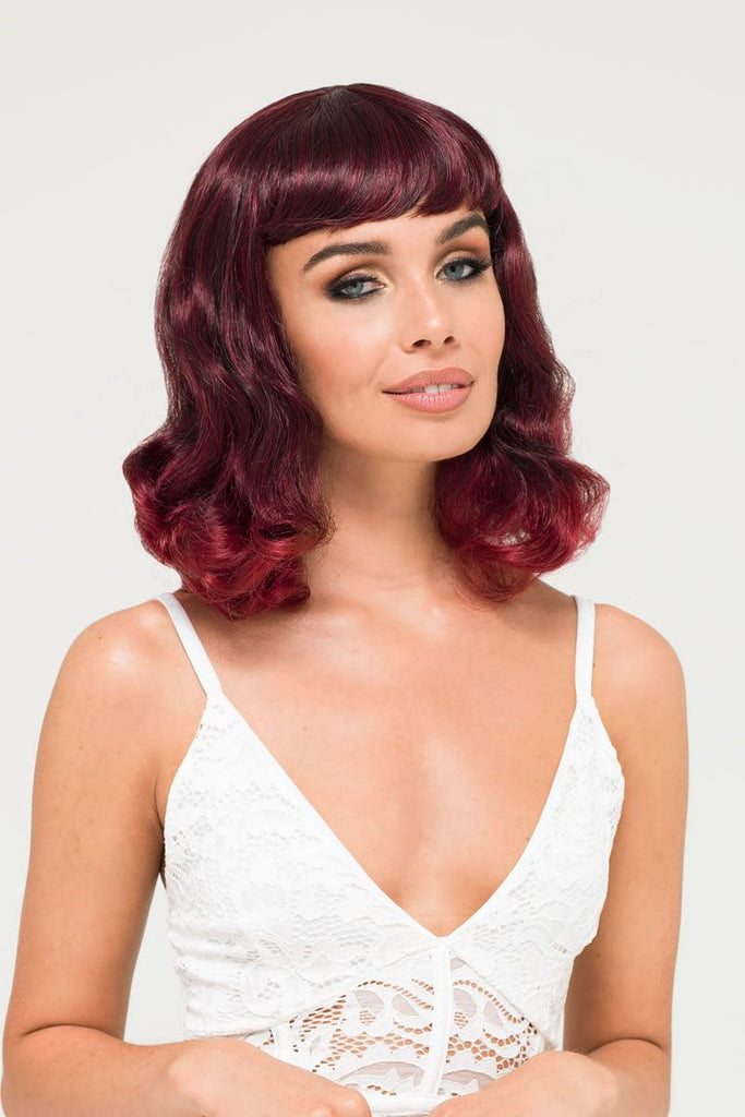 Black and red pinup style wig, gently wavy with short fringe, 1950s style: Lillian