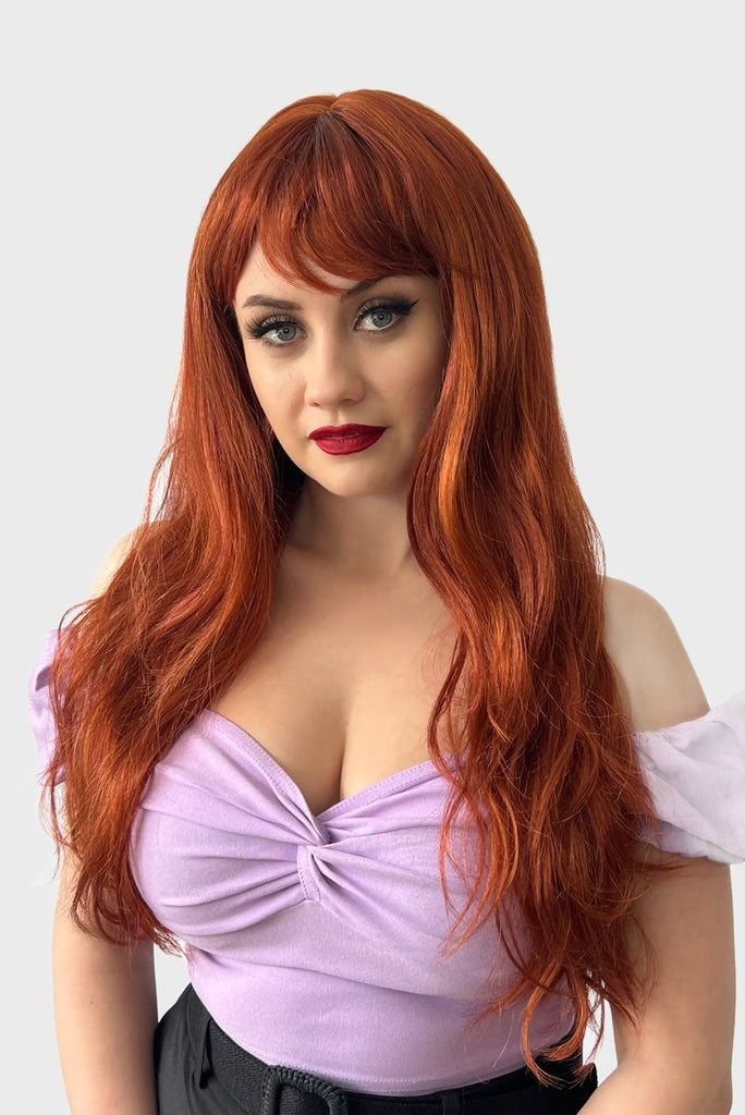 Gingery-red wig with mermaid waves and swept fringe: Roisin
