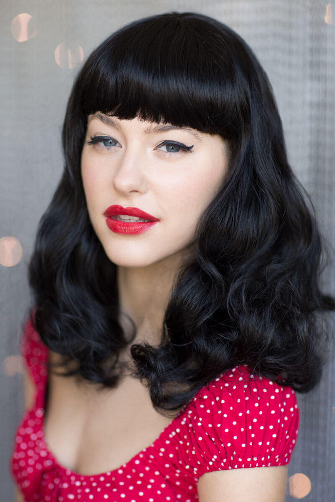 Bettie Page style black wig with gentle retro waves