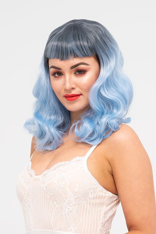 Black and blue pinup style wig, curled with short fringe: Luna AnnabellesWigs