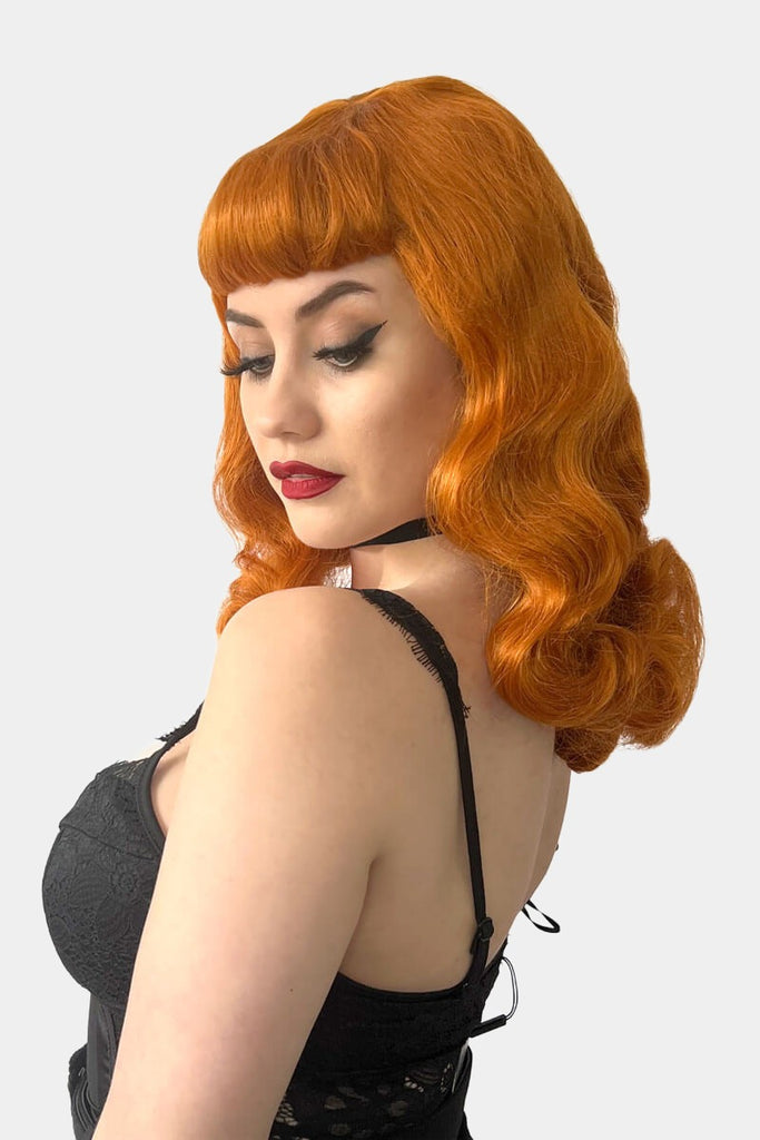 Ginger pinup style wig, finger waved with short fringe, 1950s style: Sienna