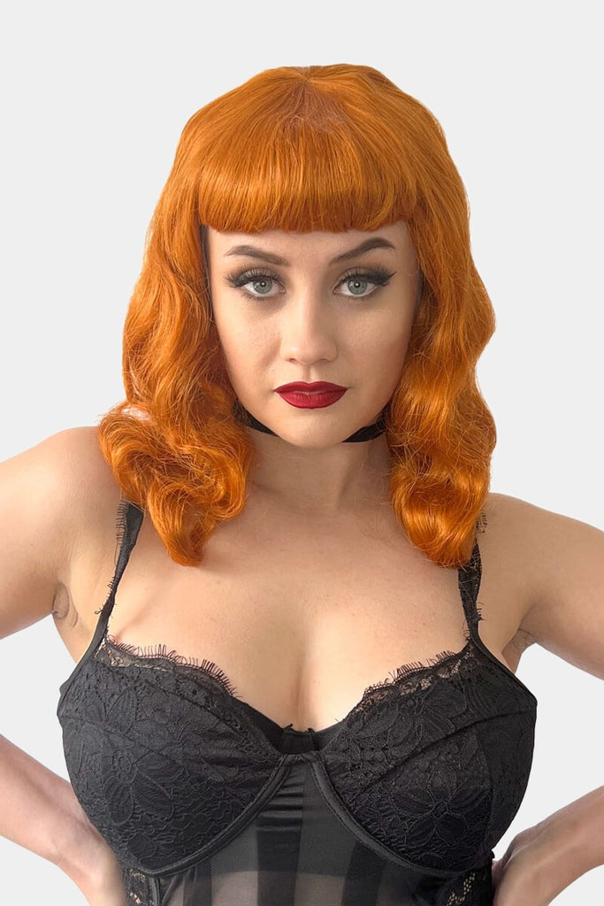 Ginger pinup style wig, finger waved with short fringe, 1950s style: Sienna