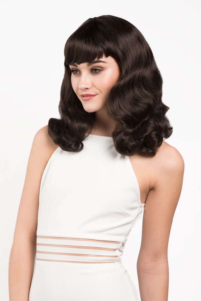 Dark brown pinup style wig, finger waved with short fringe, 1950s style: Becca