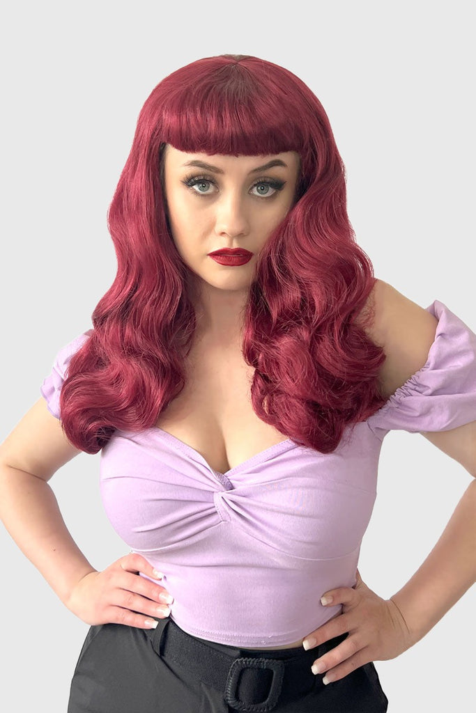 Long cherry red pin-up wig, gently wavy with short fringe: Maeve