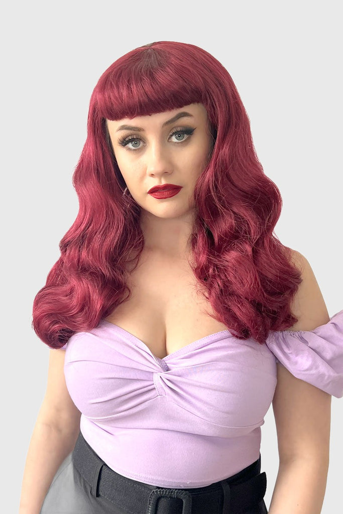 Long cherry red pin-up wig, gently wavy with short fringe: Maeve