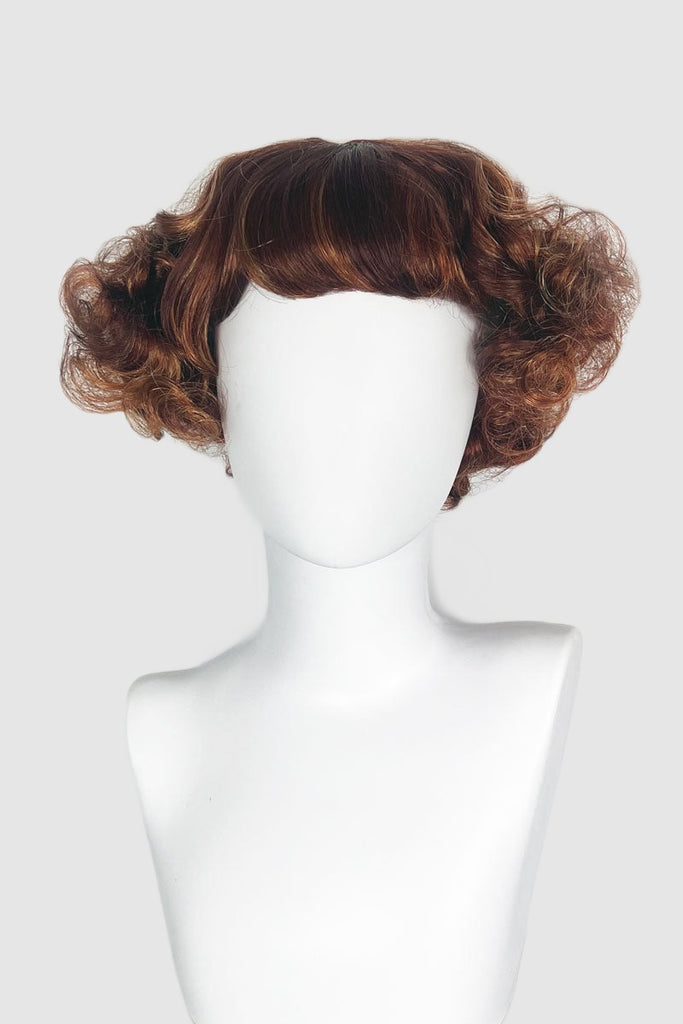 A short red, auburn and blonde mix vintage style wig with waves: Solana