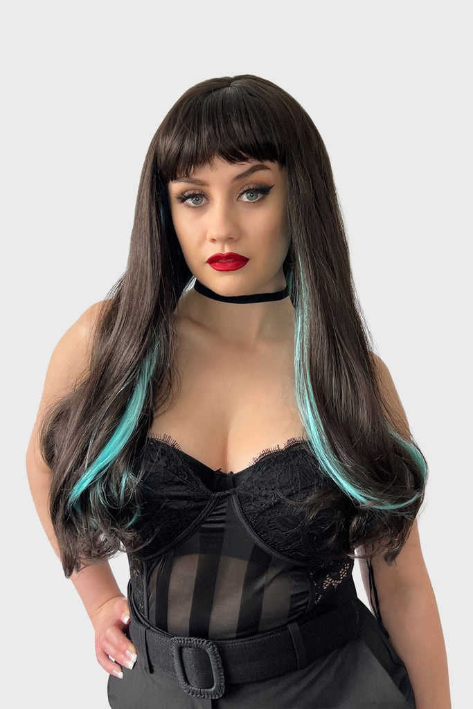 Long dark brown wig with blue streaks and a straight fringe: Cyane