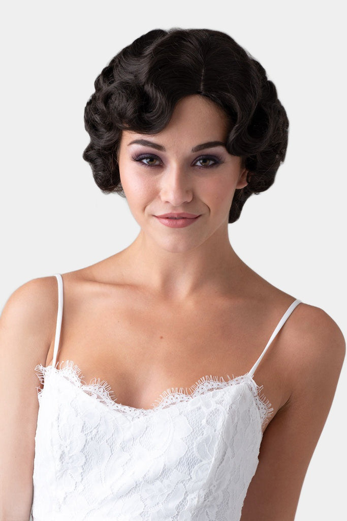Brown 1920s 1930s style wig, short retro style with finger waves: Cecelia