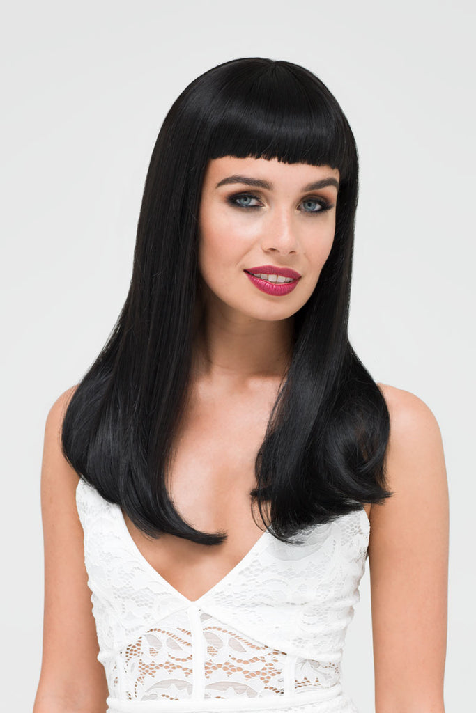 Long black wig with straight hair and a short, straight fringe: Maxine