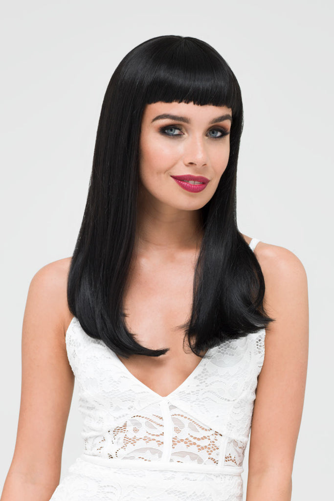 Long black wig with straight hair and a short, straight fringe: Maxine