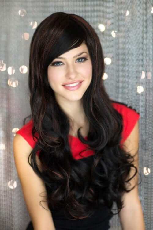 Long black wig with auburn highlights and gentle waves Emily
