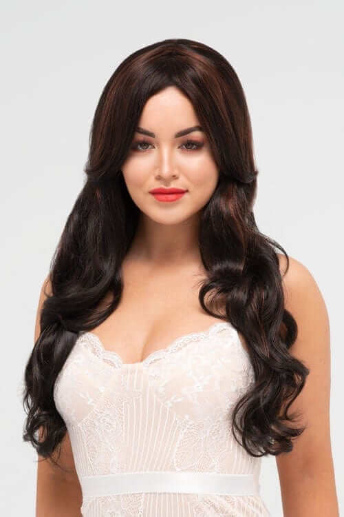 Long black wig with auburn highlights and gentle waves Emily