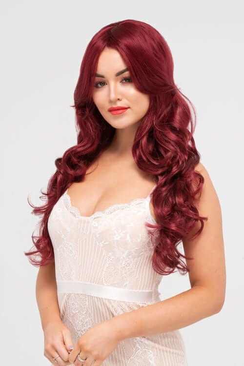 cherry red wig with loose curls Peggy Soo